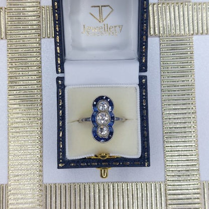 Art Deco Antique Old Mine Cut Diamond and Sapphire Ring