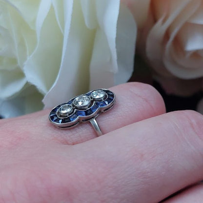 Art Deco Antique Old Mine Cut Diamond and Sapphire Ring