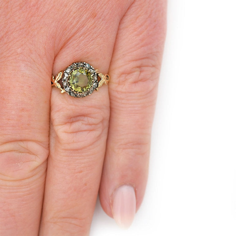 Antique Peridot and Rose Cut Diamond Cluster Engagement Ring