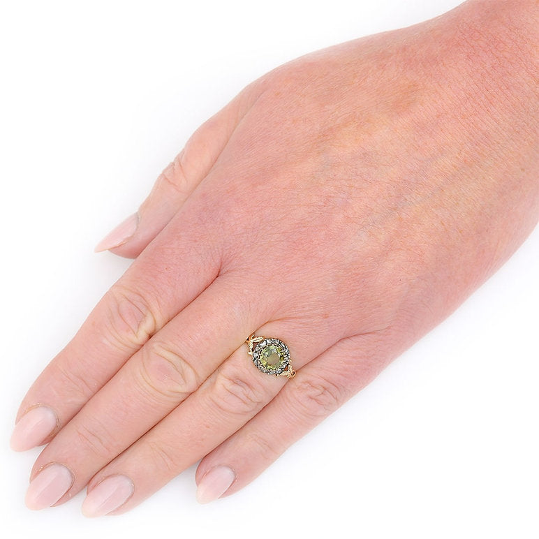 Early Victorian Antique Peridot and Rose Cut Diamond Cluster Engagement Ring