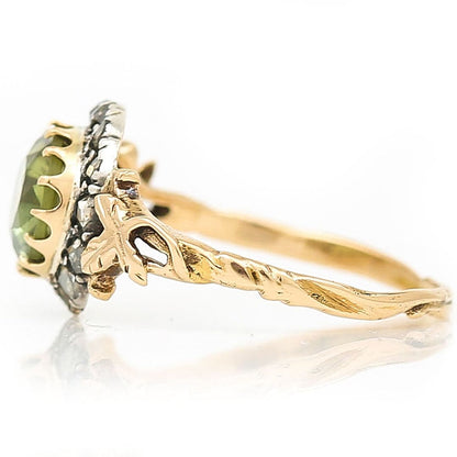 Early Victorian Antique Peridot and Rose Cut Diamond Cluster Engagement Ring