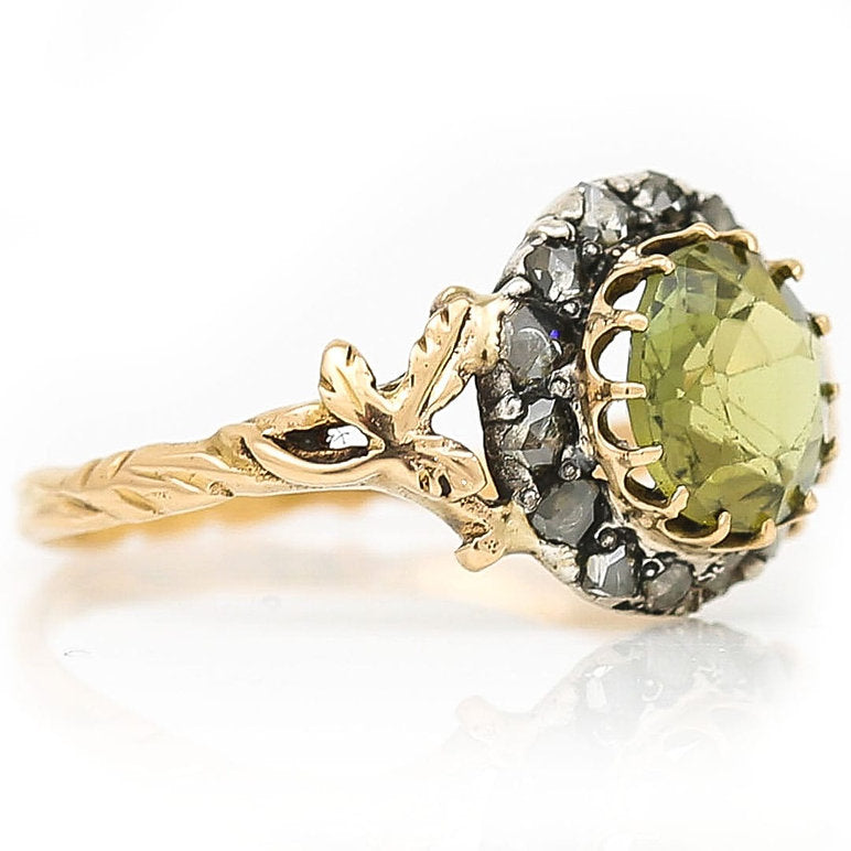 Early Victorian Antique Peridot and Rose Cut Diamond Cluster Engagement Ring