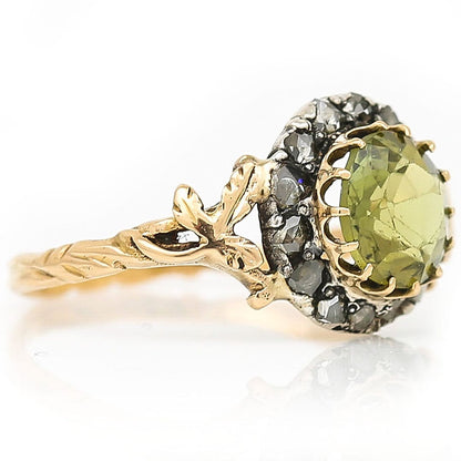 Early Victorian Antique Peridot and Rose Cut Diamond Cluster Engagement Ring