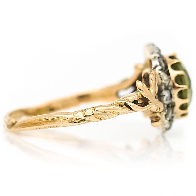 Antique Peridot and Rose Cut Diamond Cluster Engagement Ring