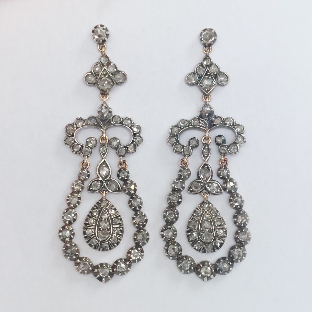 Early Victorian Antique Rose Cut Diamond Drop Earrings