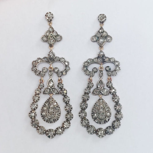 Early Victorian Antique Rose Cut Diamond Drop Earrings