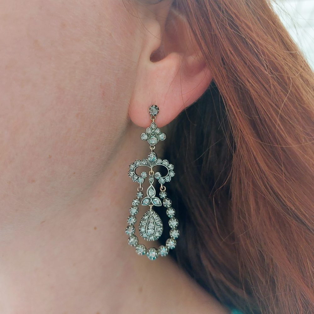 Early Victorian Antique Rose Cut Diamond Drop Earrings