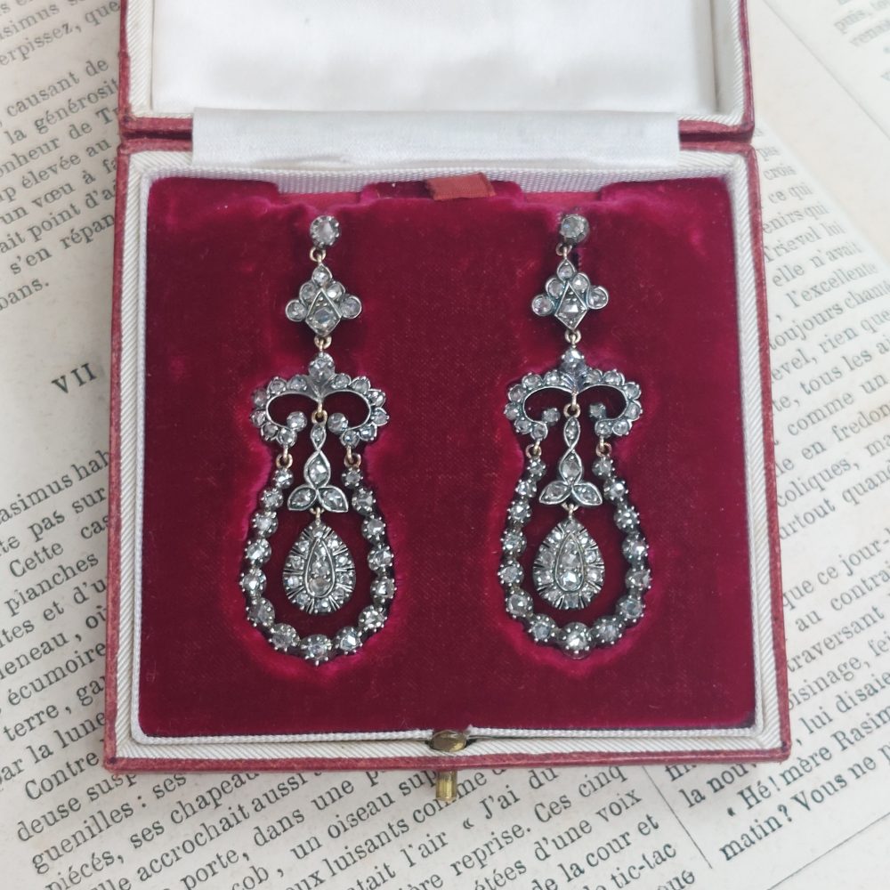 Early Victorian Antique Rose Cut Diamond Drop Earrings