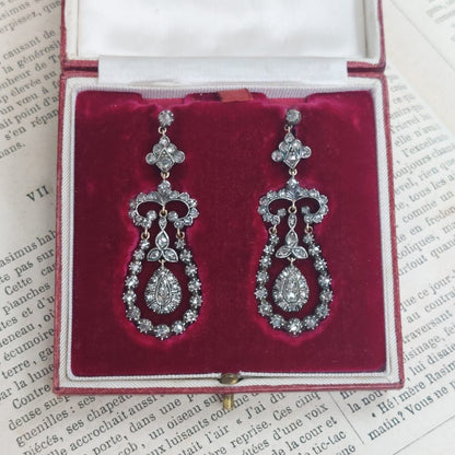 Early Victorian Antique Rose Cut Diamond Drop Earrings