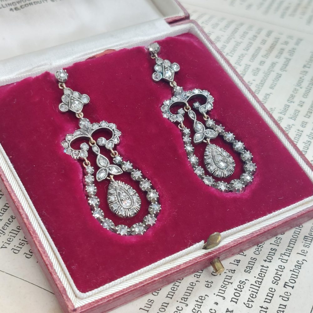 Early Victorian Antique Rose Cut Diamond Drop Earrings