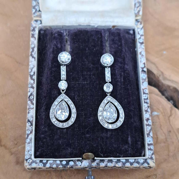 Early Art Deco 3ct Pear Cut Diamond Cluster Drop Earrings