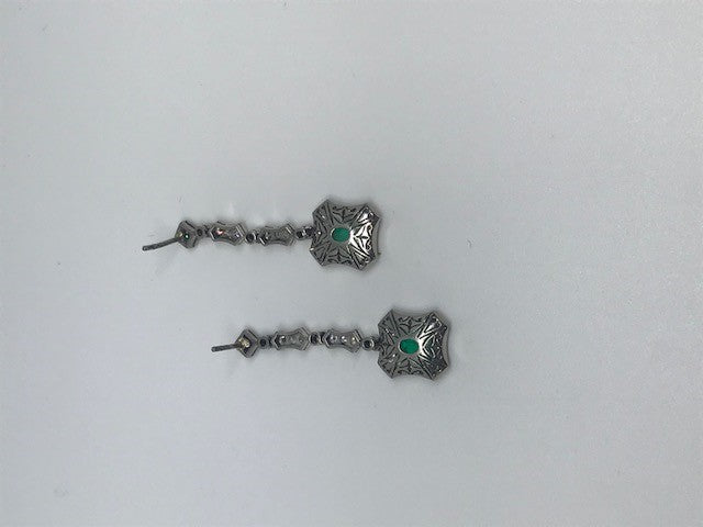 Antique Art Deco Emerald & Diamond Drop Earrings