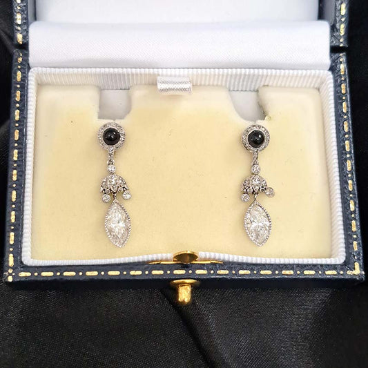Art Deco 2.2ct Marquise Diamond and Cabochon Sapphire Drop Earrings in Platinum, Cabochon sapphire rose-cut diamond cluster tops suspend diamond umbrella