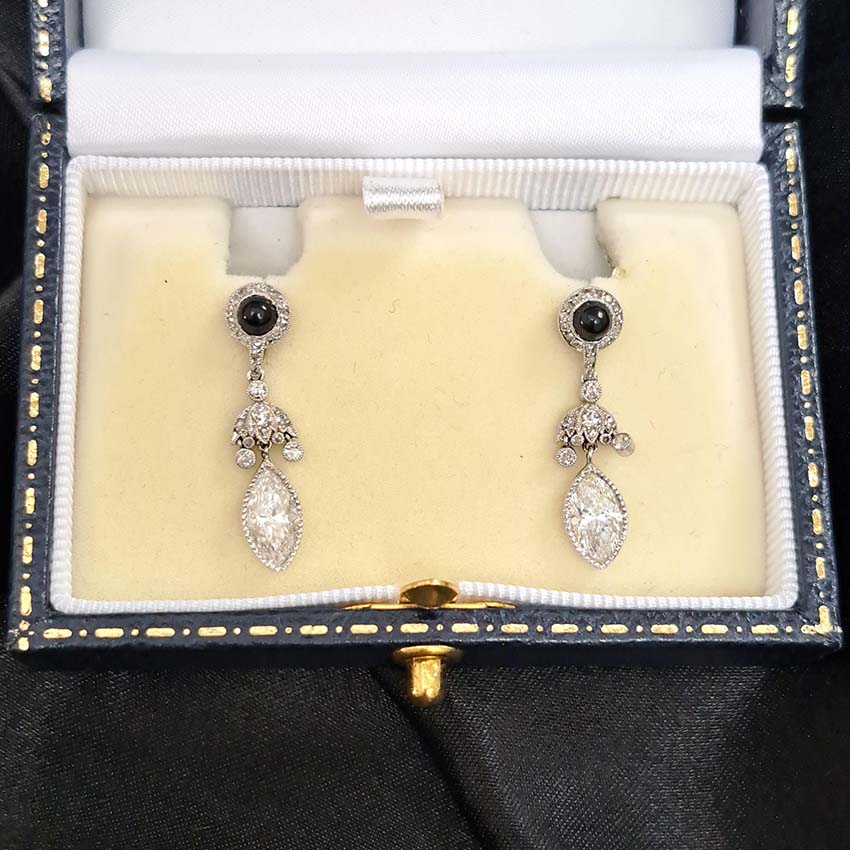 Art Deco Marquise Diamond Cabochon Sapphire Drop Earrings