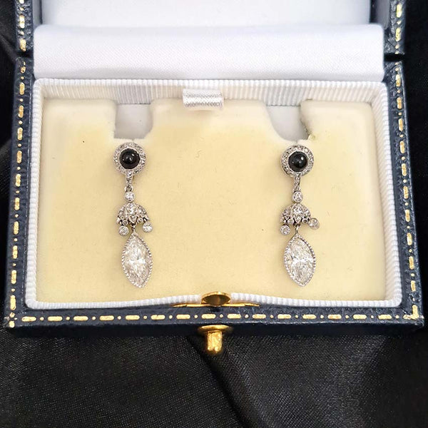 Art Deco Marquise Diamond Cabochon Sapphire Drop Earrings
