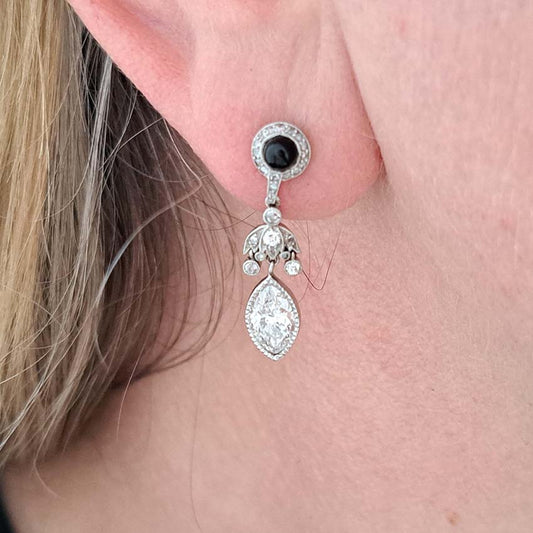 Art Deco Marquise Diamond Cabochon Sapphire Drop Earrings