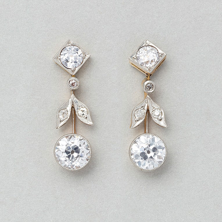 Antique Edwardian 1.75ct Old Cut Diamond Drop Earrings in platinum and yellow gold
