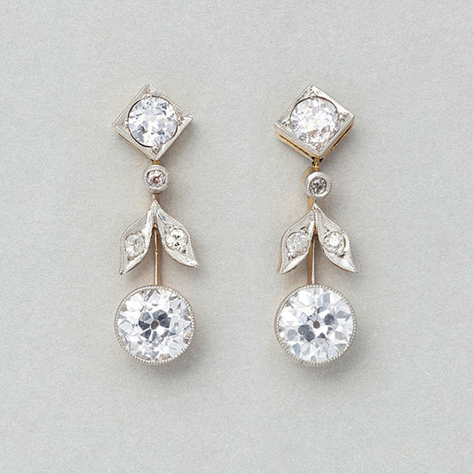 Antique Edwardian 1.75ct Old Cut Diamond Drop Earrings in platinum and yellow gold
