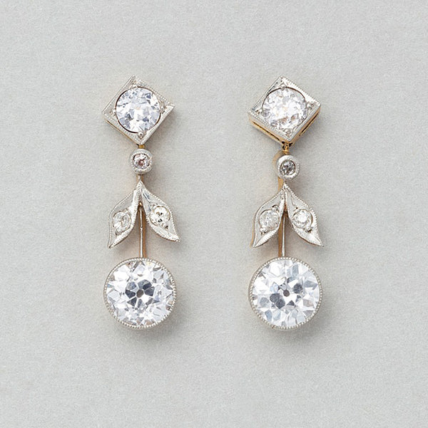 Antique Edwardian 1.75ct Old Cut Diamond Drop Earrings in platinum and yellow gold