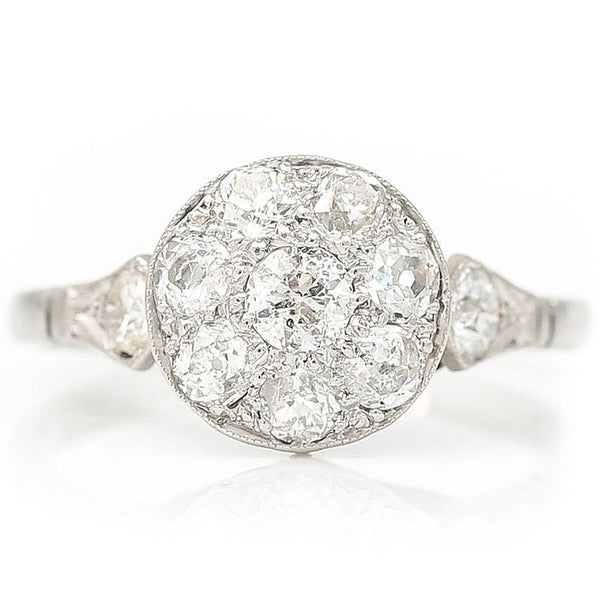 Edwardian Antique 1ct Old Mine Cut Diamond Cluster Engagement Ring in white gold and platinum