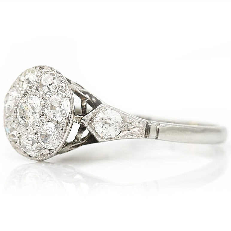 Edwardian Antique 1ct Old Mine Cut Diamond Cluster Engagement Ring in white gold and platinum