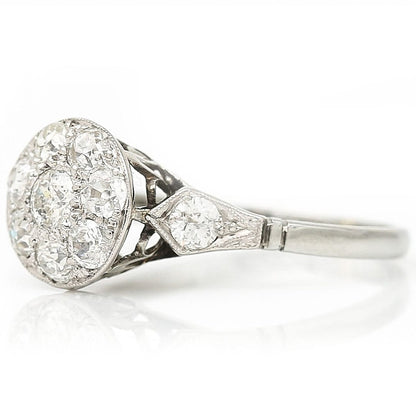 Edwardian Antique 1ct Old Mine Cut Diamond Cluster Engagement Ring in white gold and platinum