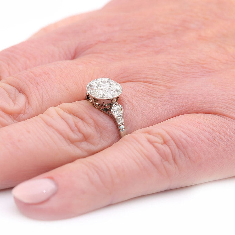 Edwardian Antique 1ct Old Mine Cut Diamond Cluster Engagement Ring in white gold and platinum