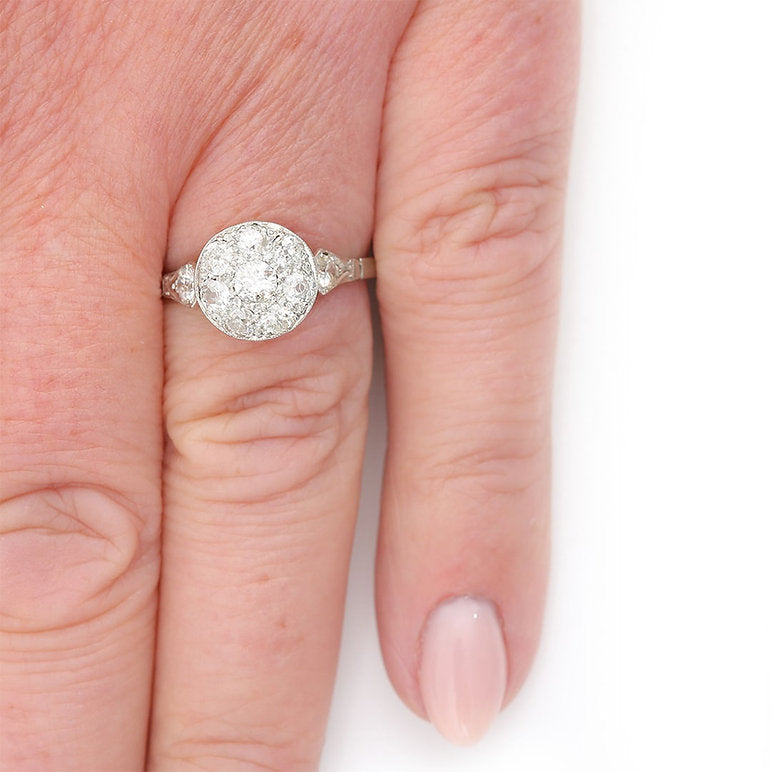 Edwardian Antique 1ct Old Mine Cut Diamond Cluster Engagement Ring in white gold and platinum