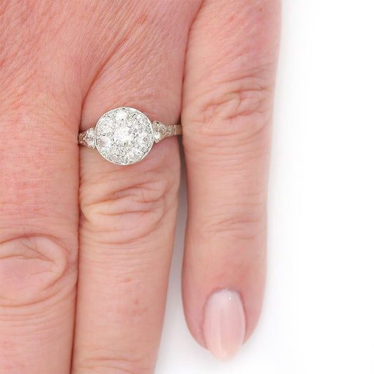 Edwardian Antique 1ct Old Mine Cut Diamond Cluster Engagement Ring in white gold and platinum