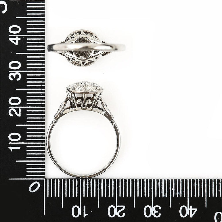 Edwardian Antique 1ct Old Mine Cut Diamond Cluster Engagement Ring in white gold and platinum