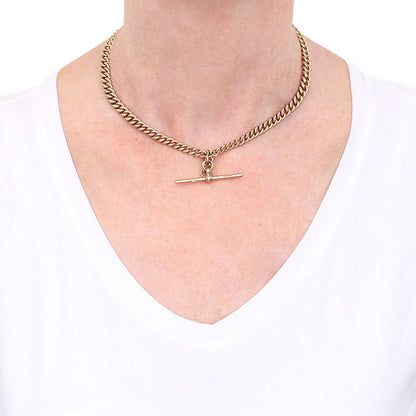 Edwardian Antique 9ct Rose Gold Curb Link Albert Chain Necklace with T-Bar