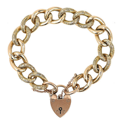 Antique Edwardian 9ct Yellow Gold Curb Link Chain Bracelet with Padlock Clasp