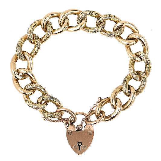 Antique Edwardian 9ct Yellow Gold Curb Link Chain Bracelet with Padlock Clasp