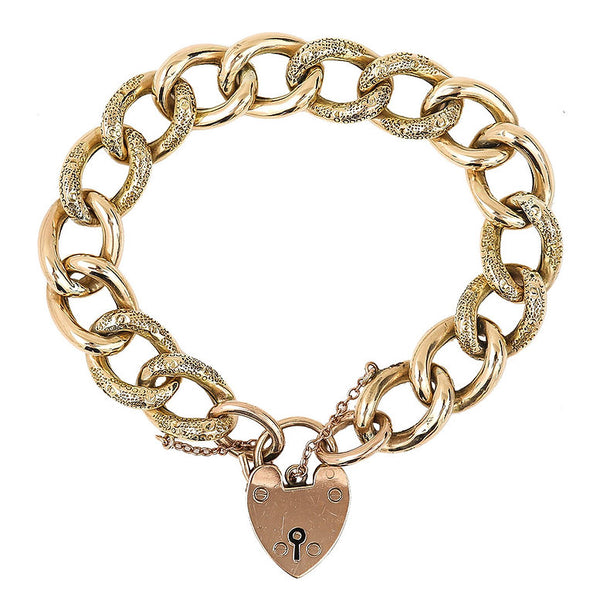 Antique Edwardian 9ct Yellow Gold Curb Link Chain Bracelet with Padlock Clasp