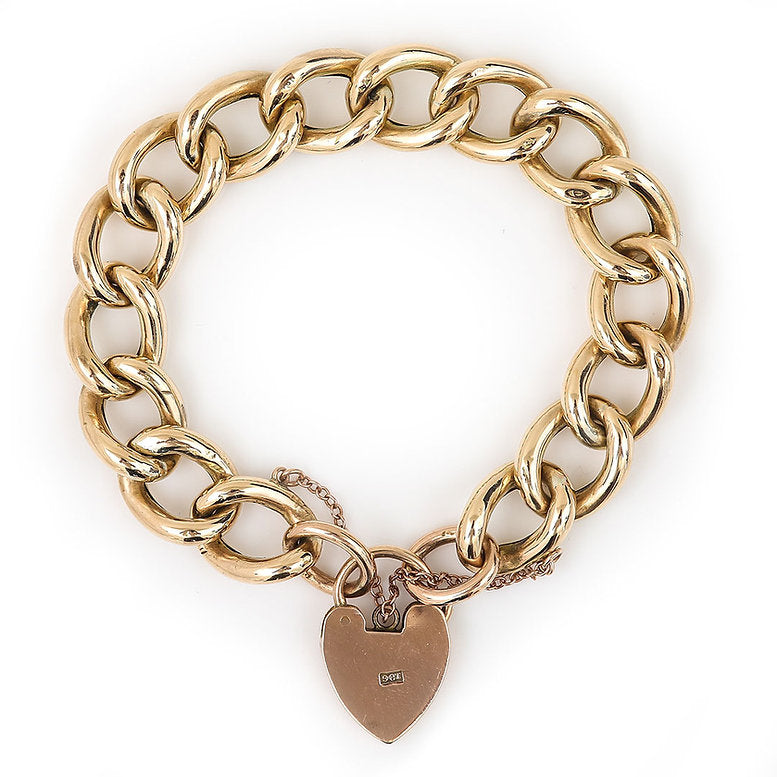 Edwardian 9ct Gold Curb Link Chain Bracelet with Padlock Clasp