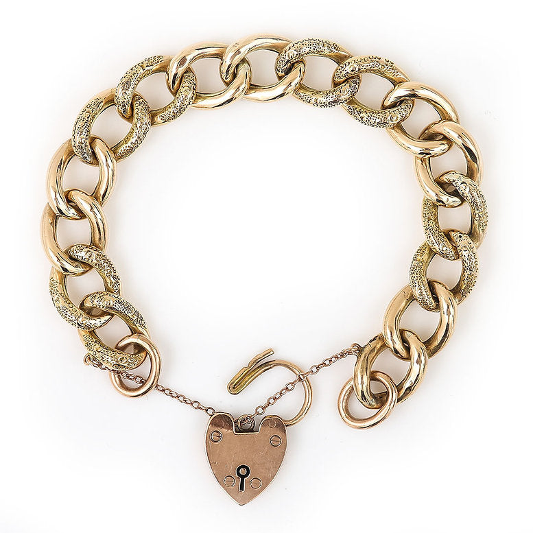 Edwardian 9ct Gold Curb Link Chain Bracelet with Padlock Clasp