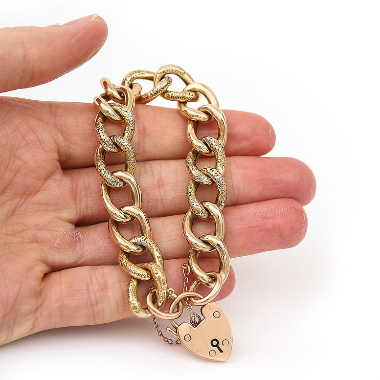 Edwardian Antique 9ct Yellow Gold Curb Link Chain Bracelet