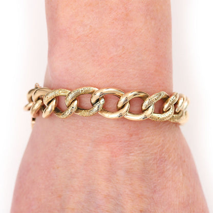 Edwardian Antique 9ct Yellow Gold Curb Link Chain Bracelet alternate textured foliate links