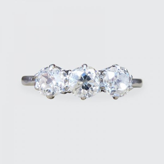 Edwardian Antique 1.05ct Three Stone Old European Cut Diamond Ring