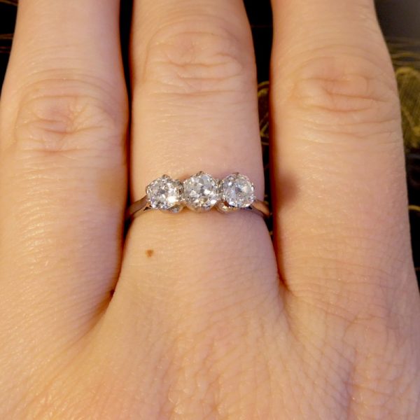 Edwardian Antique 1.05ct Three Stone Old European Cut Diamond Ring