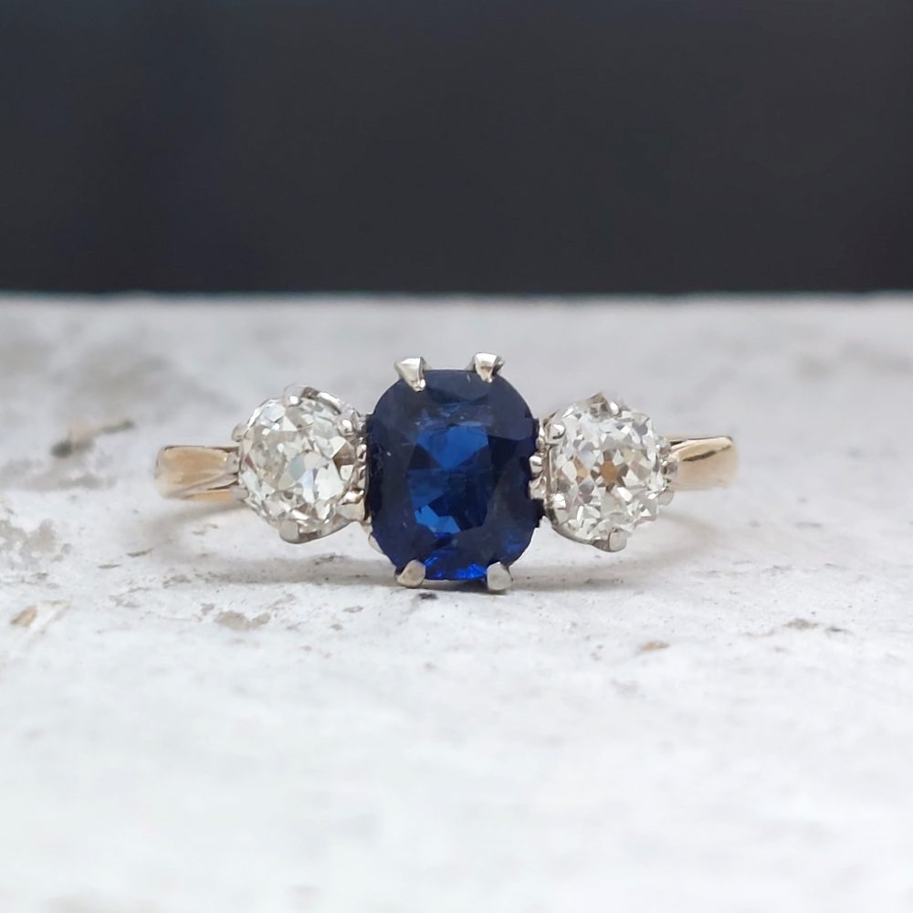 Edwardian Antique 1.16ct Sapphire and Diamond Three Stone Ring