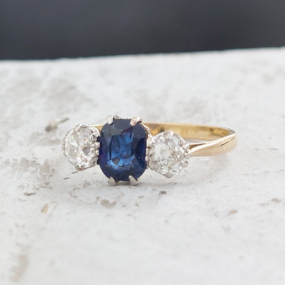 Edwardian Antique 1.16ct Sapphire and Diamond Three Stone Ring