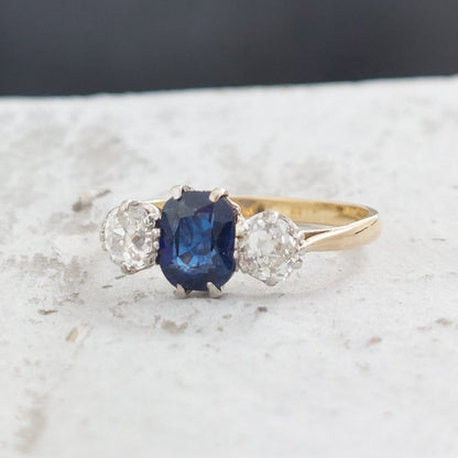 Edwardian Antique 1.16ct Sapphire and Diamond Three Stone Ring