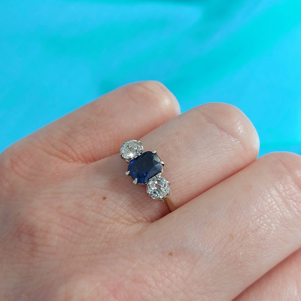 Edwardian Antique 1.16ct Sapphire and Diamond Three Stone Ring