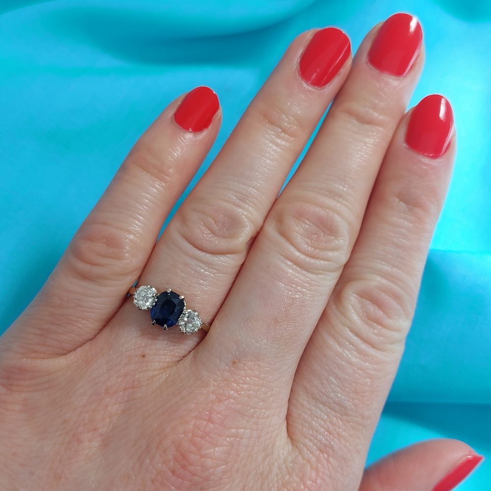 Edwardian Antique 1.16ct Sapphire and Diamond Three Stone Ring