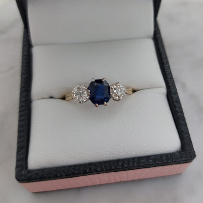 Edwardian Antique 1.16ct Sapphire and Diamond Three Stone Ring