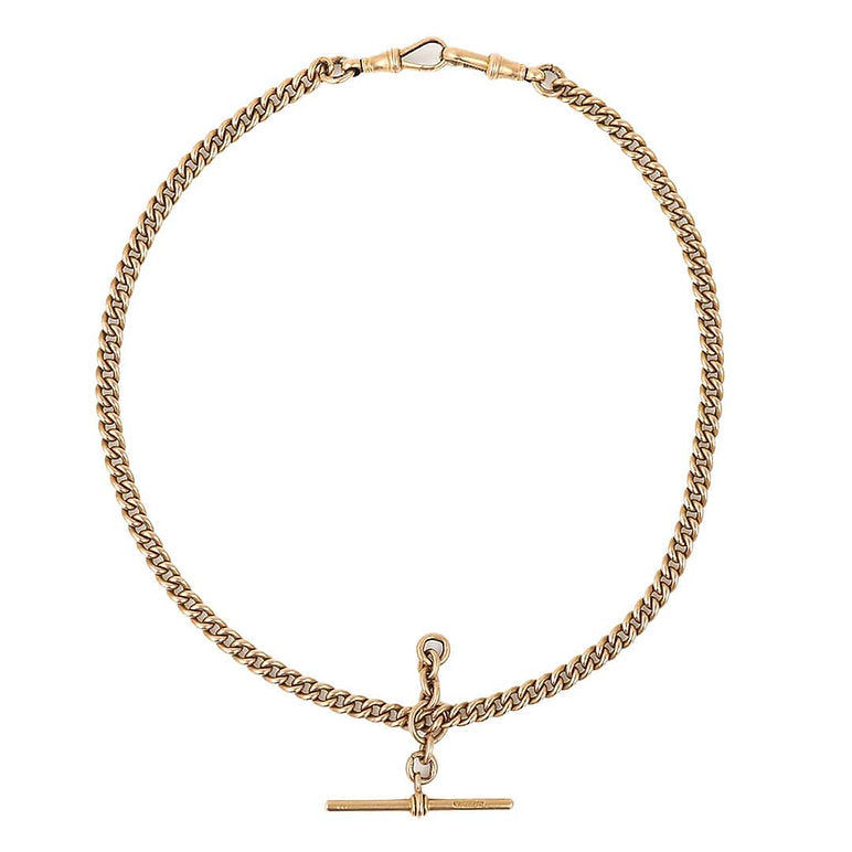 Edwardian Antique 15ct Gold Curb Link Albert Chain Necklace with sliding T-bar