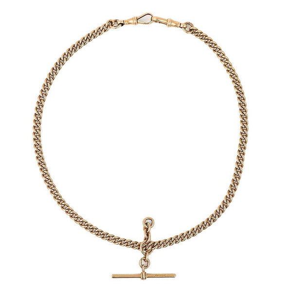 Edwardian Antique 15ct Gold Curb Link Albert Chain Necklace with sliding T-bar