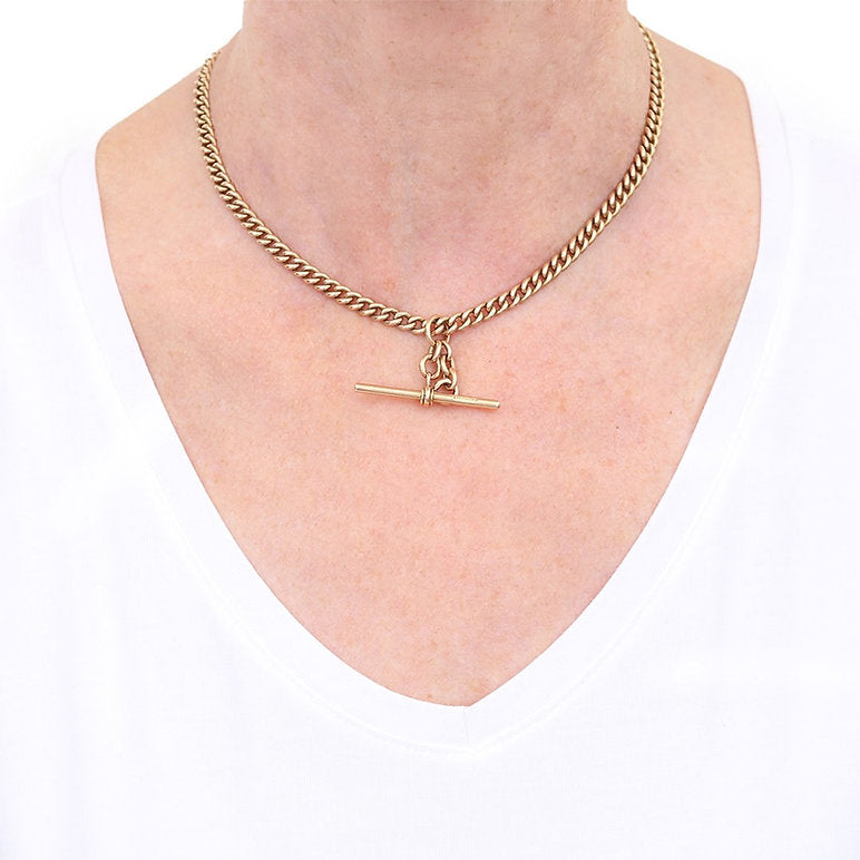 Edwardian Antique 15ct Gold Curb Link Albert Chain Necklace with sliding T-bar