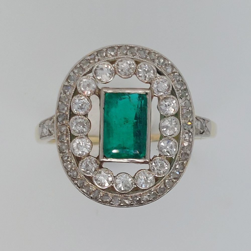 Edwardian Antique 1ct Emerald and Diamond Cluster Ring